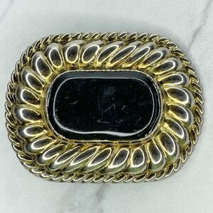 Vintage Gold Tone Black Cabochon Ornate Rope Border Belt Buckle ✨